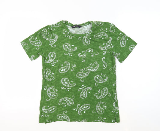 Marks and Spencer Womens Green Paisley 100% Cotton Basic T-Shirt Size 6 Crew Neck