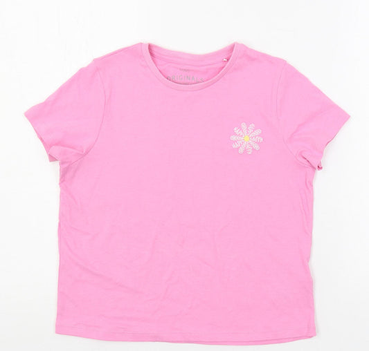 Marks and Spencer Girls Pink Cotton Pullover T-Shirt Size 10-11 Years Crew Neck Pullover - Flower Detail