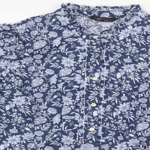 Marks and Spencer Womens Blue Floral Cotton Basic Blouse Size 12 Mock Neck