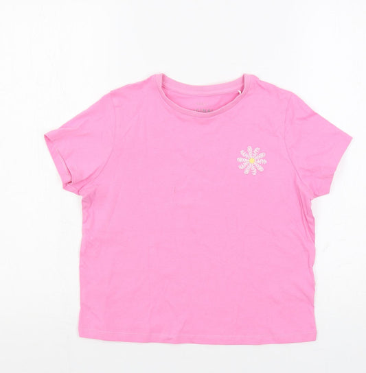 Marks and Spencer Girls Pink Cotton Pullover T-Shirt Size 10-11 Years Crew Neck Pullover - Flower Detail