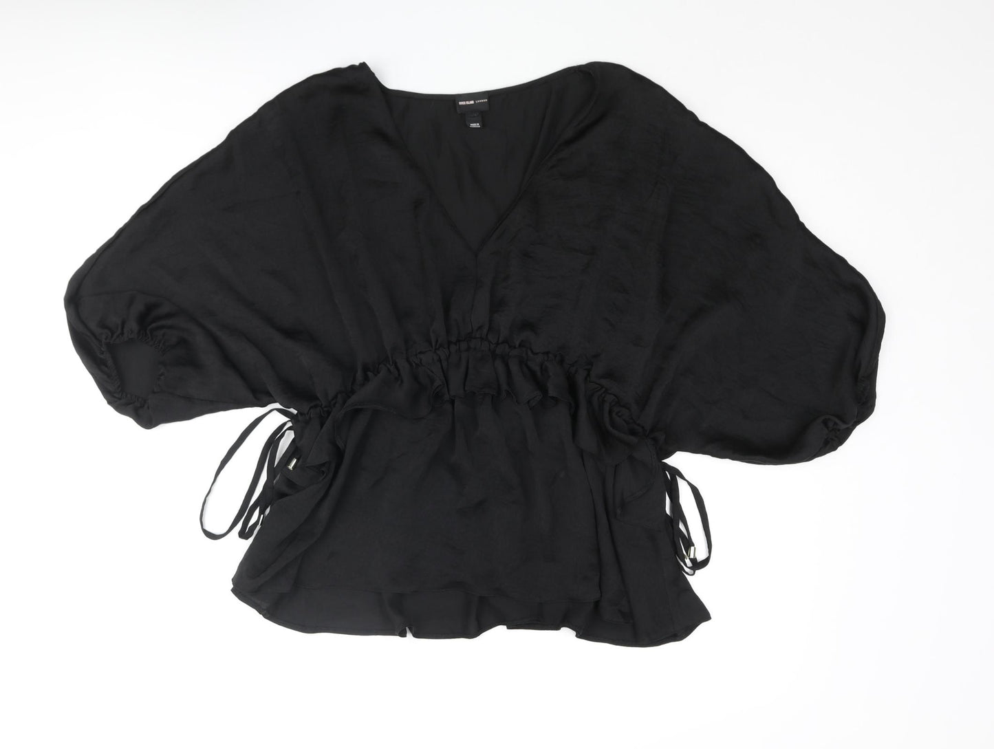 River Island Womens Black Polyester Basic Blouse Size 12 V-Neck - Drawstring Detail