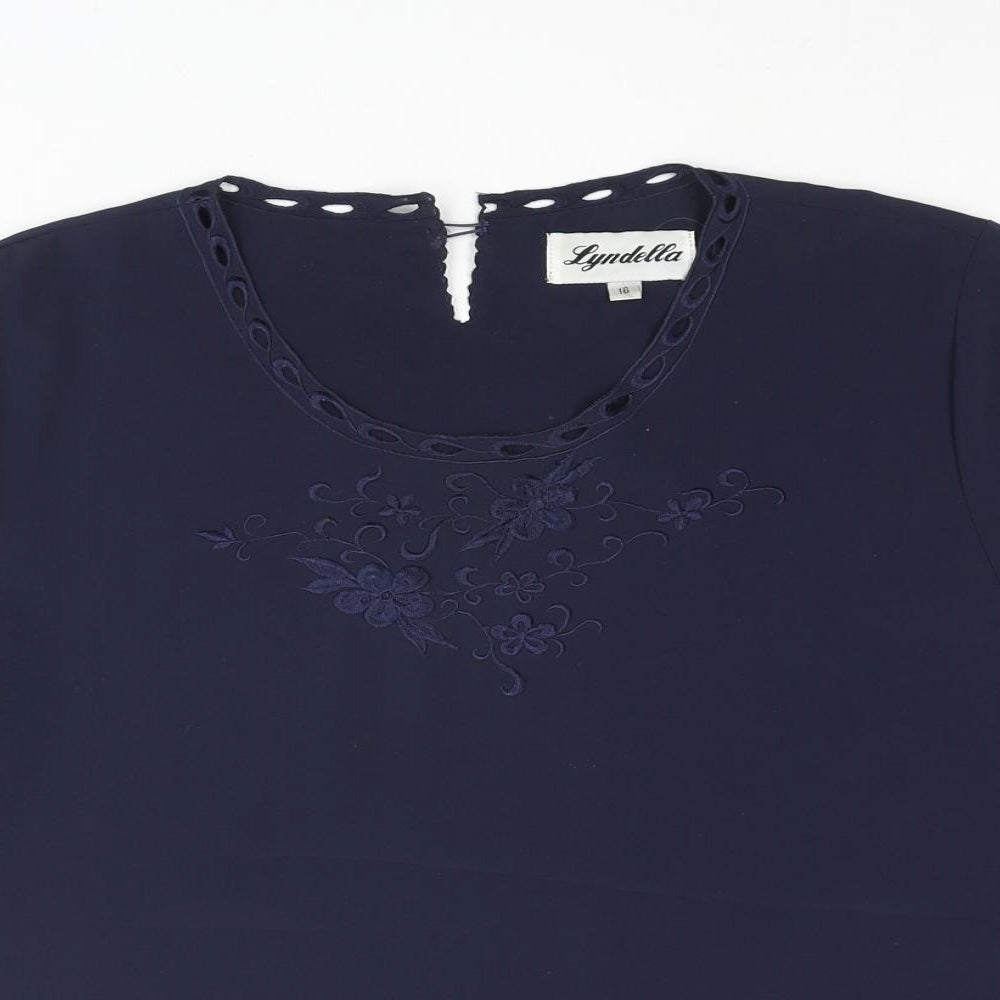 Lyndella Womens Blue Polyester Basic Blouse Size 16 Round Neck - Floral Embroidery