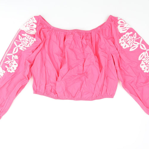 Marks and Spencer Womens Pink Cotton Cropped Blouse Size 18 Off the Shoulder - Floral Embroidery