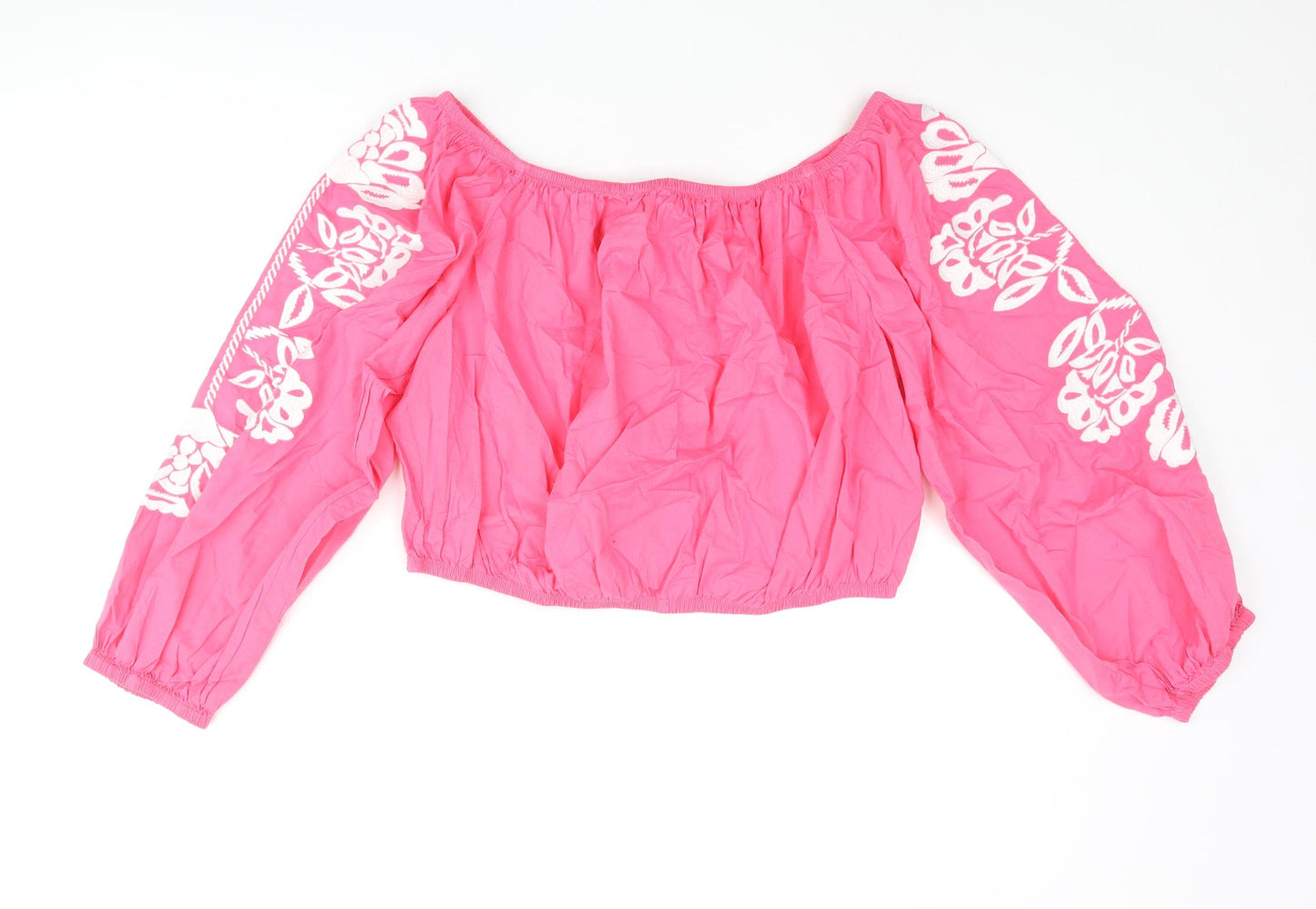 Marks and Spencer Womens Pink Cotton Cropped Blouse Size 18 Off the Shoulder - Floral Embroidery