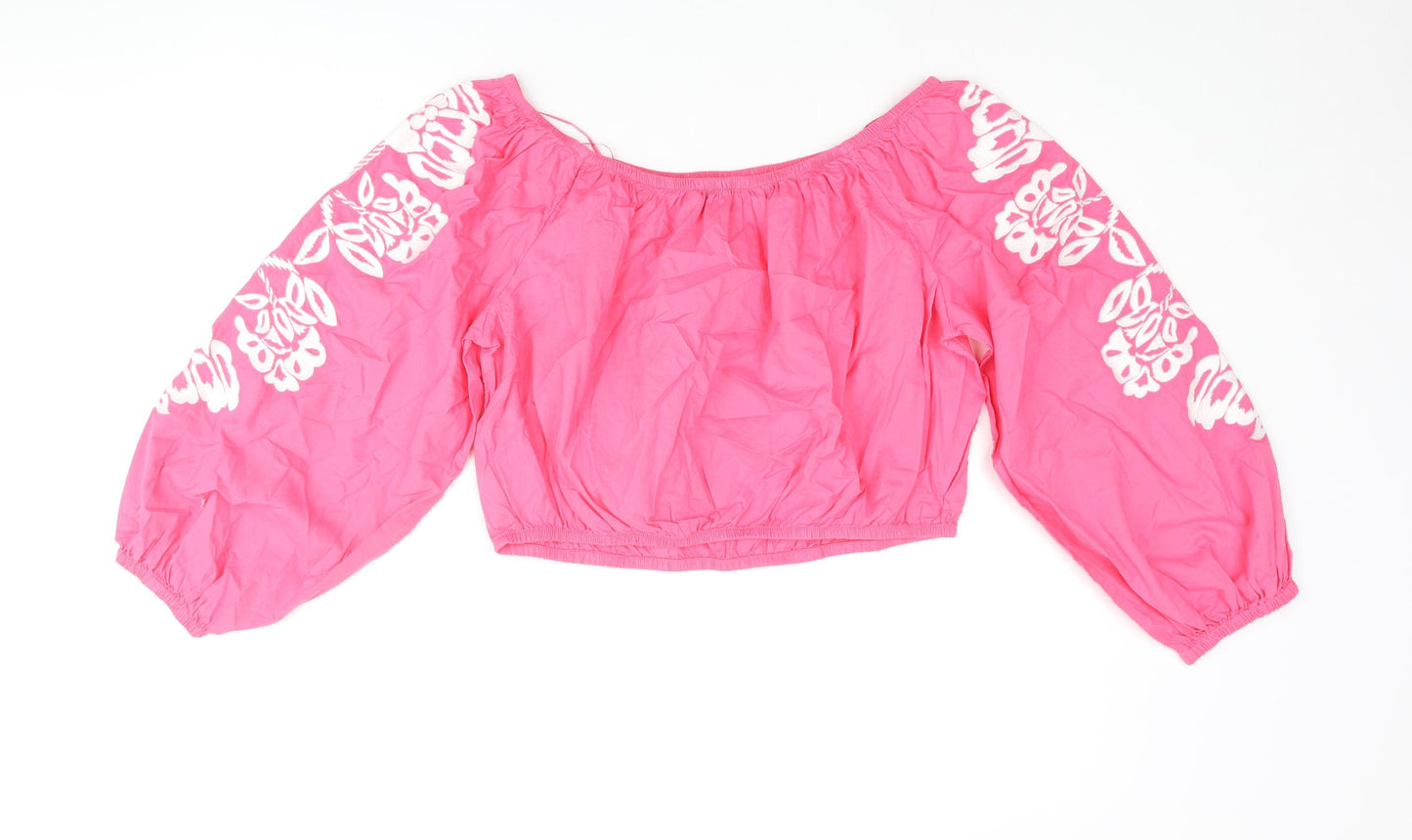 Marks and Spencer Womens Pink Cotton Cropped Blouse Size 18 Off the Shoulder - Floral Embroidery