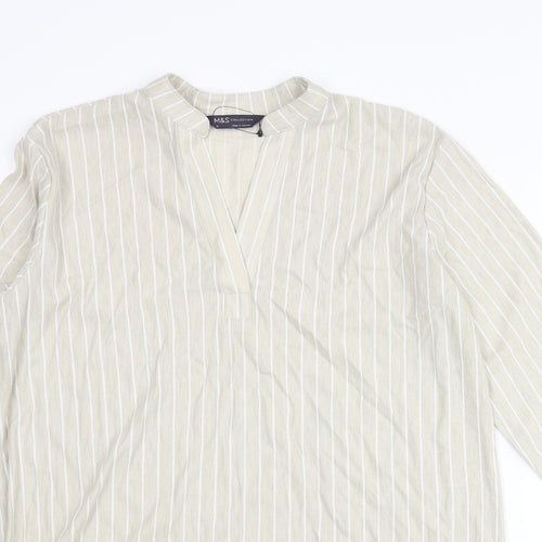 Marks and Spencer Womens Beige Striped Viscose Tunic Blouse Size 12 V-Neck