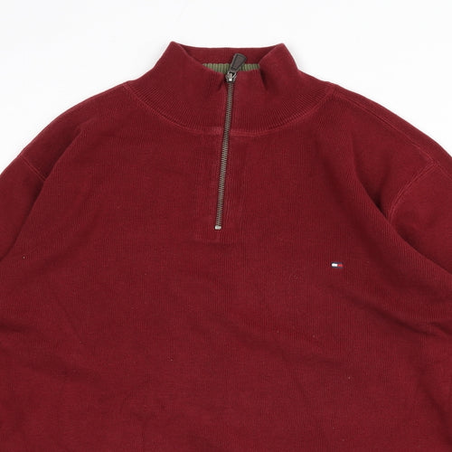 Tommy Hilfiger Mens Red V-Neck Cotton Henley Jumper Size L Long Sleeve