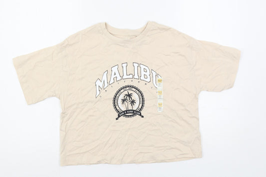 Marks and Spencer Girls Beige Cotton Pullover T-Shirt Size 10-11 Years Crew Neck Pullover - Malibu