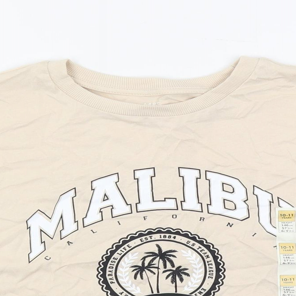 Marks and Spencer Girls Beige Cotton Pullover T-Shirt Size 10-11 Years Crew Neck Pullover - Malibu