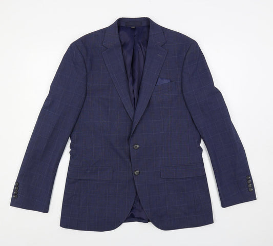 Marks and Spencer Mens Blue Plaid Polyester Jacket Suit Jacket Size 40 Regular