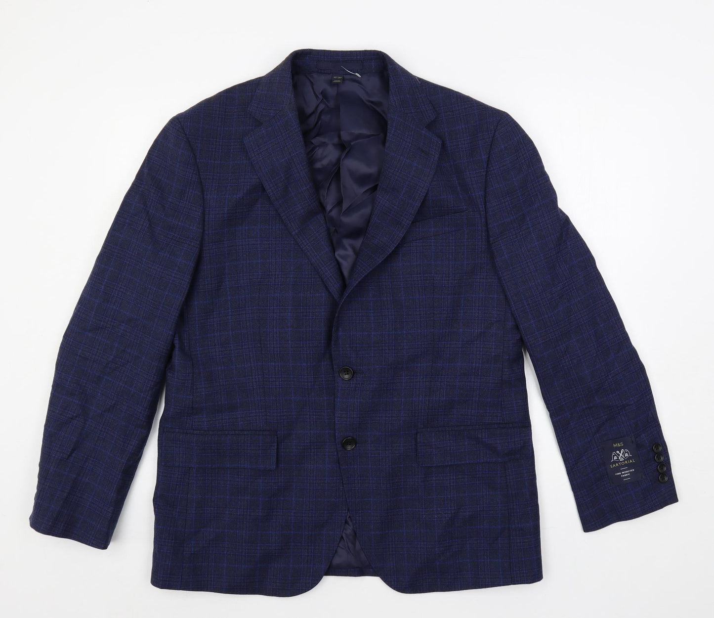 Marks and Spencer Mens Blue Plaid Wool Jacket Suit Jacket Size 40 Regular