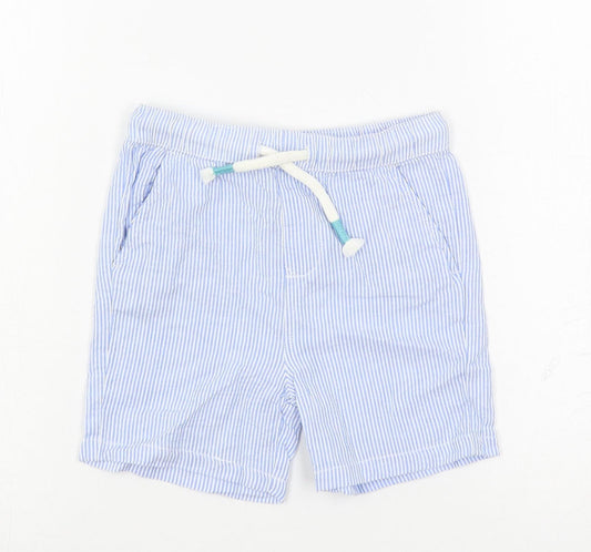 Marks and Spencer Boys Blue Striped Cotton Bermuda Shorts Size 4-5 Years Regular Drawstring - Pockets