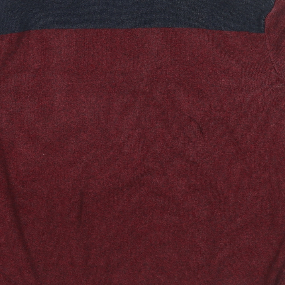 Marks and Spencer Mens Red High Neck Cotton Henley Jumper Size L Long Sleeve