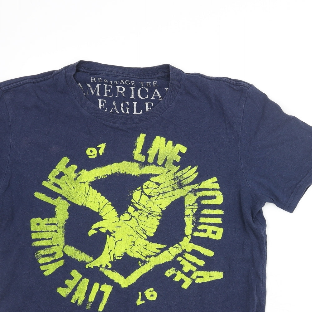 American Eagle Mens Blue Cotton T-Shirt Size S Round Neck - Eagle Print