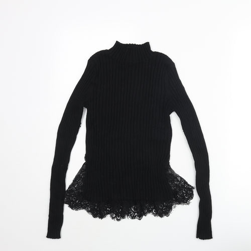 French Connection Womens Black Mock Neck Cotton Pullover Jumper Size L - Lace Hem