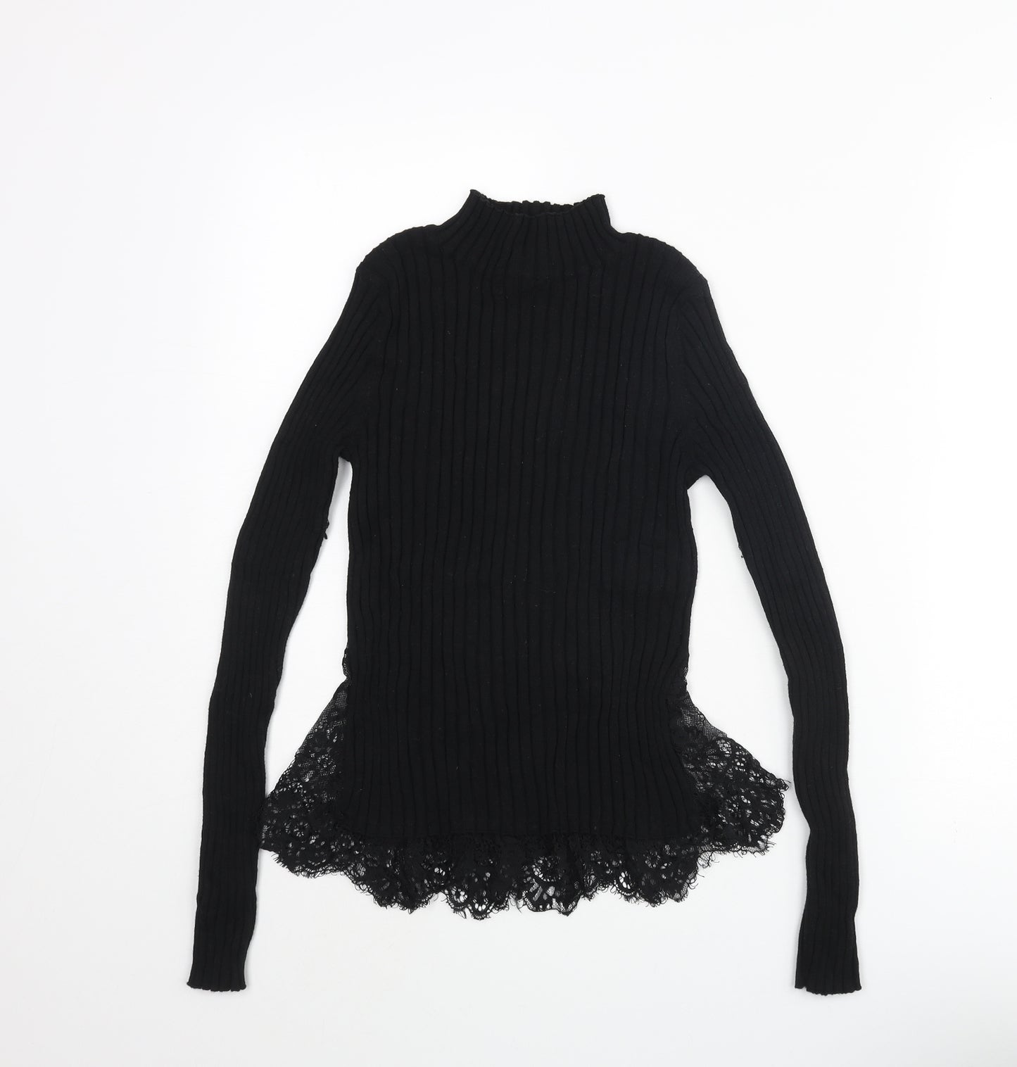 French Connection Womens Black Mock Neck Cotton Pullover Jumper Size L - Lace Hem