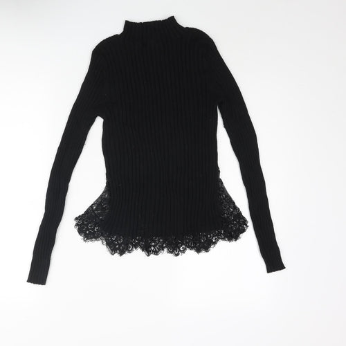 French Connection Womens Black Mock Neck Cotton Pullover Jumper Size L - Lace Hem
