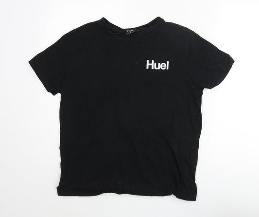 HUEL Mens Black Cotton T-Shirt Size M Round Neck - Logo