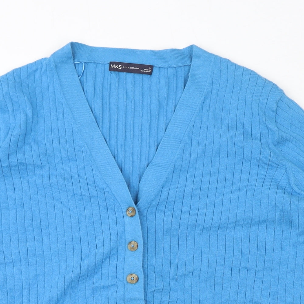 Marks and Spencer Womens Blue V-Neck Cotton Cardigan Jumper Size L