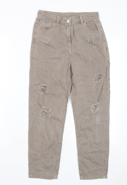 NEXT Girls Brown Cotton Straight Jeans Size 10 Years L24 in Regular Zip - Distressed, Pockets