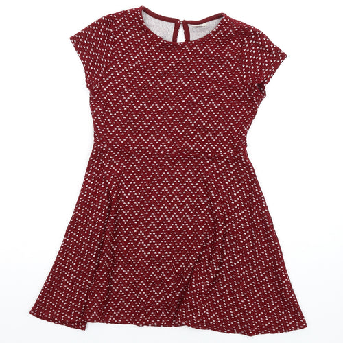 Zara Girls Red Geometric Vinyl A-Line Size 9-10 Years Round Neck Button