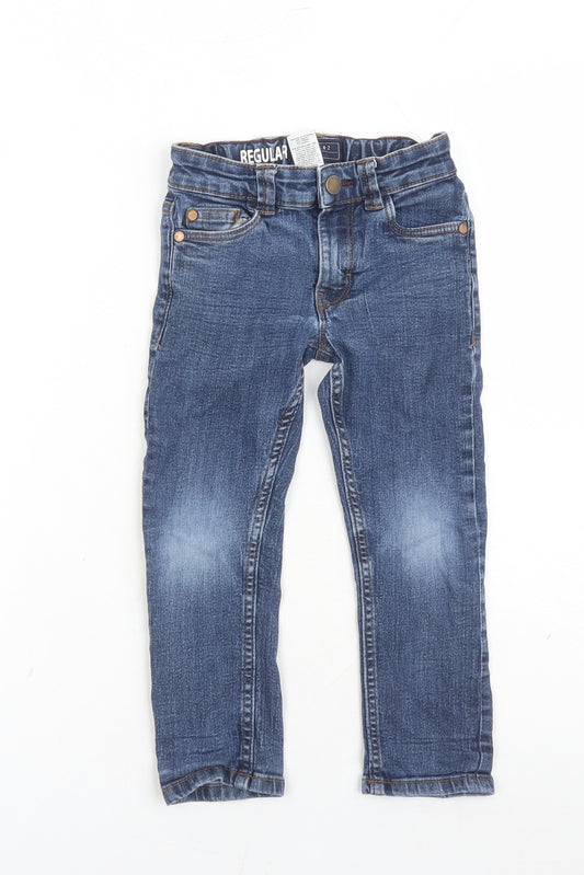 NEXT Boys Blue Cotton Straight Jeans Size 3 Years Regular Zip - Elasticated Waist Waist Size 20 Inches Inside Leg 15 Inches