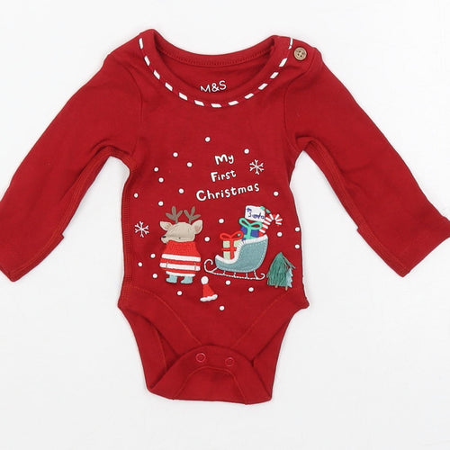 Marks and Spencer Baby Red Cotton Babygrow One-Piece Size Newborn Snap - Christmas