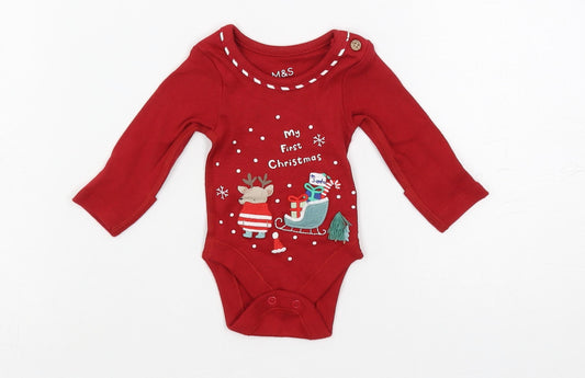 Marks and Spencer Baby Red Cotton Babygrow One-Piece Size Newborn Snap - Christmas