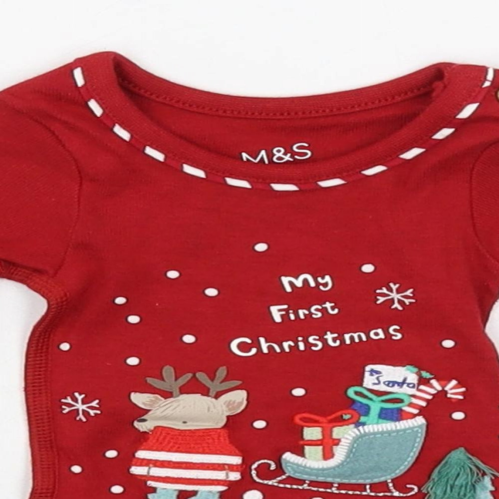 Marks and Spencer Baby Red Cotton Babygrow One-Piece Size Newborn Snap - Christmas