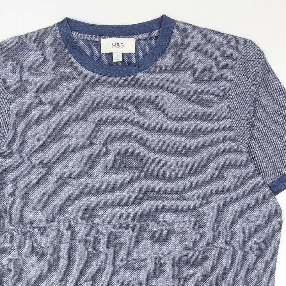 Marks and Spencer Mens Blue Geometric Cotton T-Shirt Size L Crew Neck