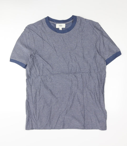 Marks and Spencer Mens Blue Geometric Cotton T-Shirt Size L Crew Neck