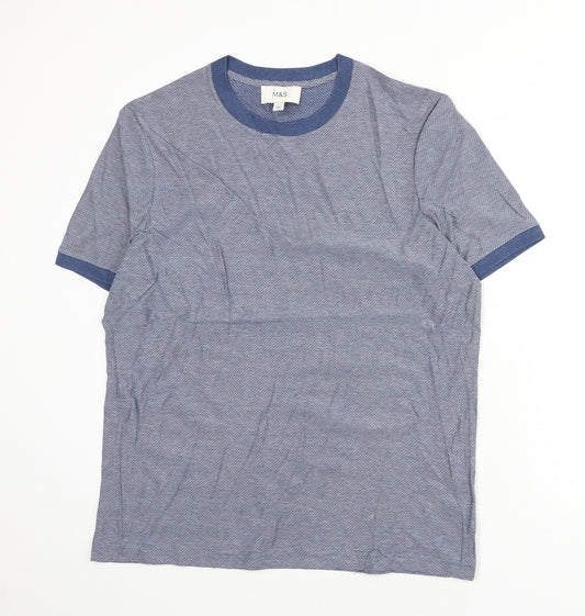 Marks and Spencer Mens Blue Geometric Cotton T-Shirt Size L Round Neck