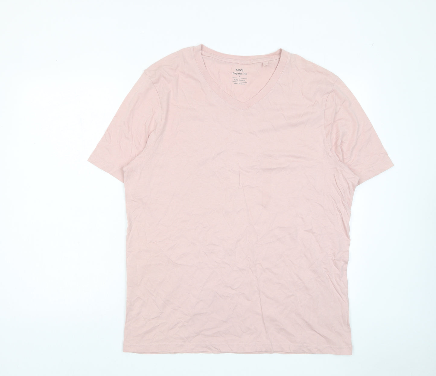 Marks and Spencer Mens Pink Cotton T-Shirt Size L V-Neck