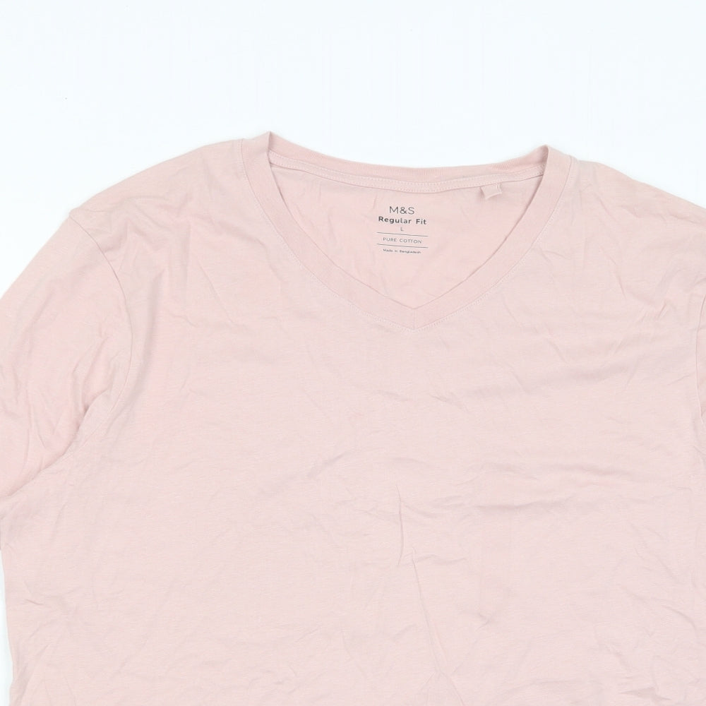 Marks and Spencer Mens Pink Cotton T-Shirt Size L V-Neck