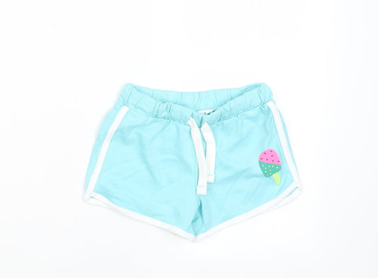 Marks and Spencer Girls Blue Cotton Sweat Shorts Size 3-4 Years Regular Drawstring - Ice Lollie