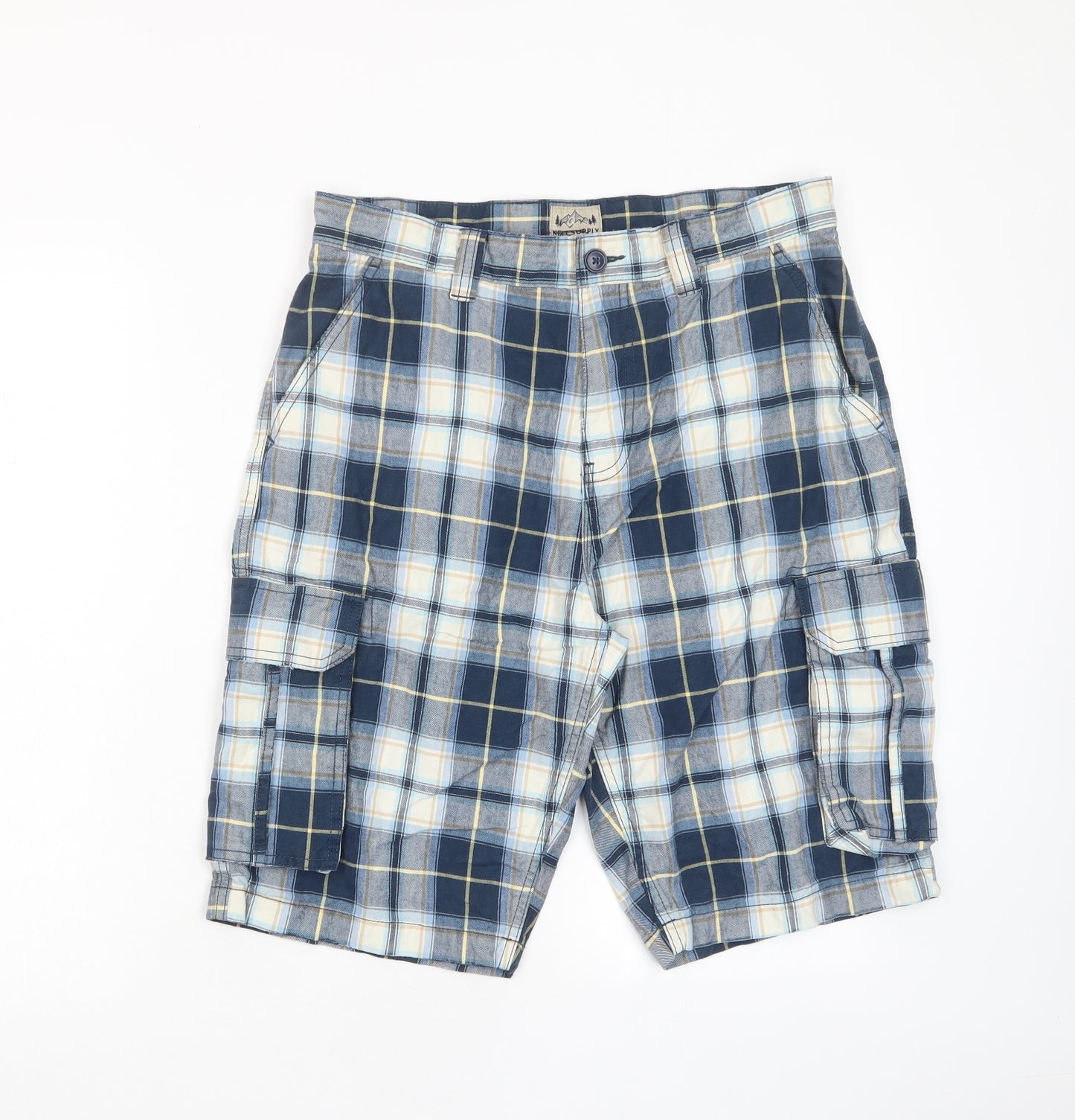 NEXT Mens Blue Plaid Cotton Bermuda Shorts Size 32 in L12 in Regular Zip - Pockets, Belt Loops