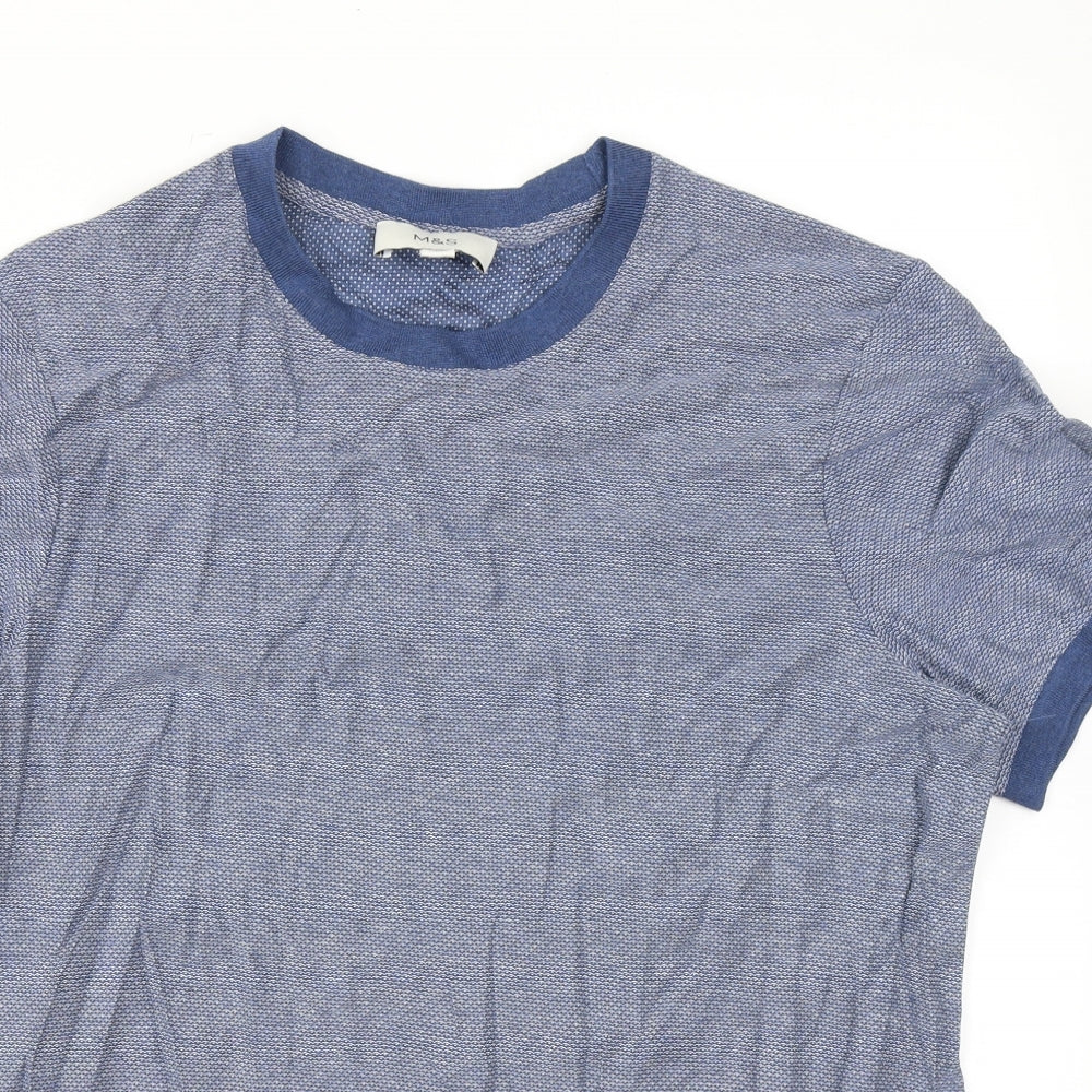 Marks and Spencer Mens Blue Geometric Cotton T-Shirt Size L Round Neck