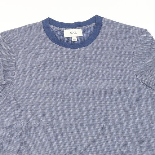 Marks and Spencer Mens Blue Geometric Cotton T-Shirt Size L Round Neck