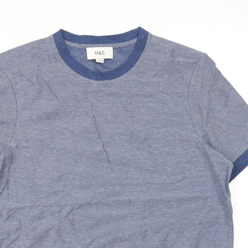 Marks and Spencer Mens Blue Geometric Cotton T-Shirt Size L Round Neck