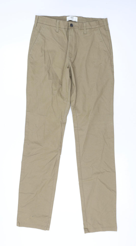 Marks and Spencer Mens Beige Cotton Chino Trousers Size 30 in L33 in Regular Zip