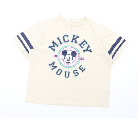 H&M Girls Beige Cotton Basic T-Shirt Size 10-11 Years Round Neck Pullover - Mickey Mouse