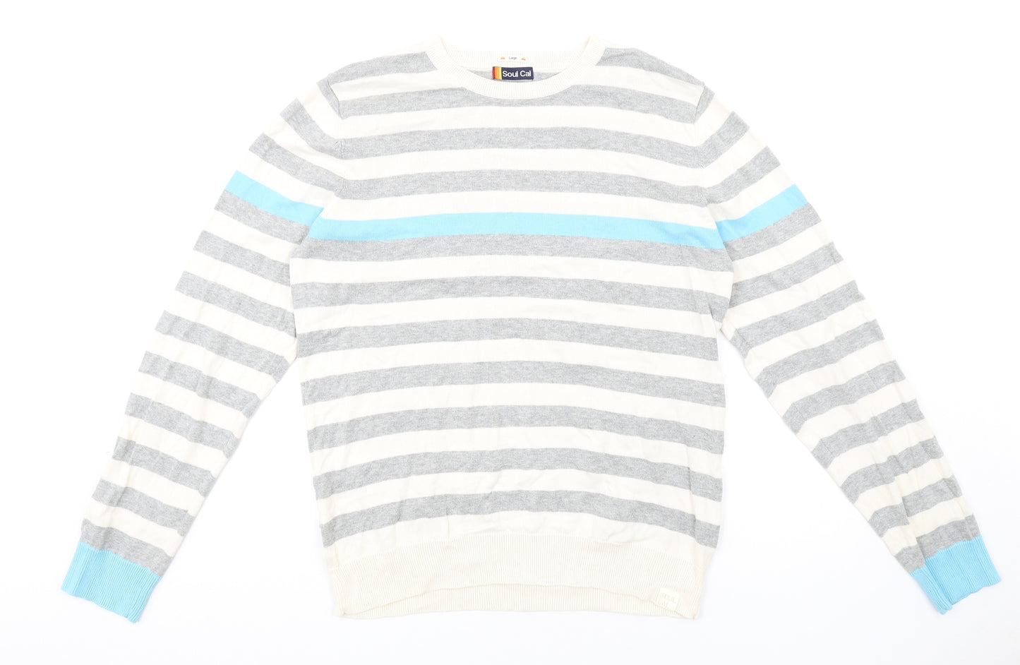 SoulCal&Co Mens Multicoloured Crew Neck Striped Cotton Pullover Jumper Size L Long Sleeve