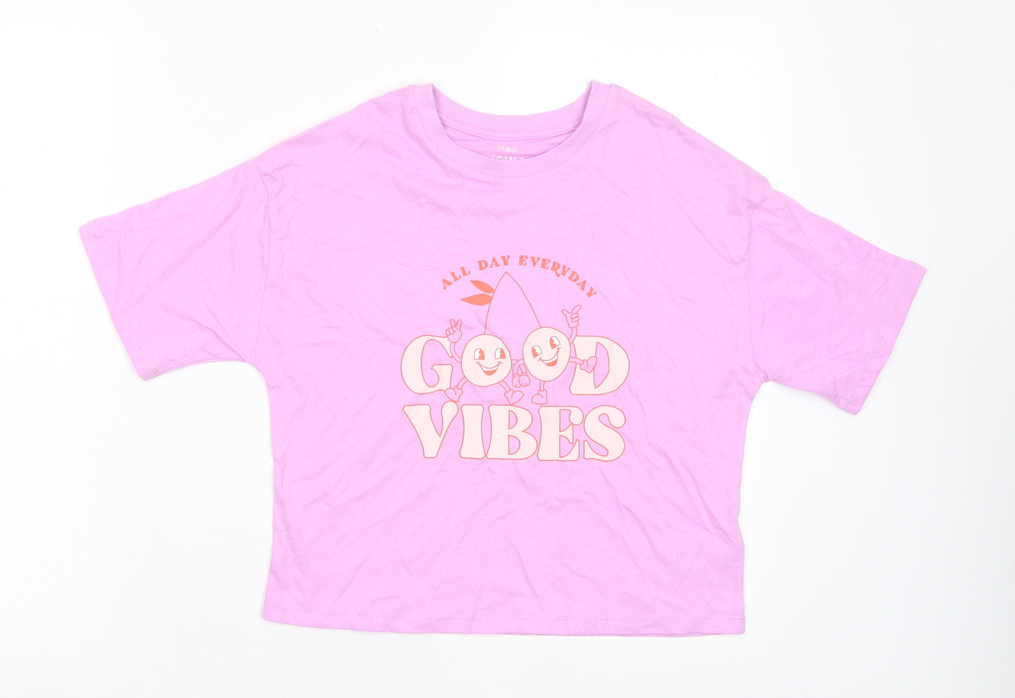 Marks and Spencer Girls Pink Cotton Basic T-Shirt Size 10-11 Years Crew Neck Pullover - Good Vibes