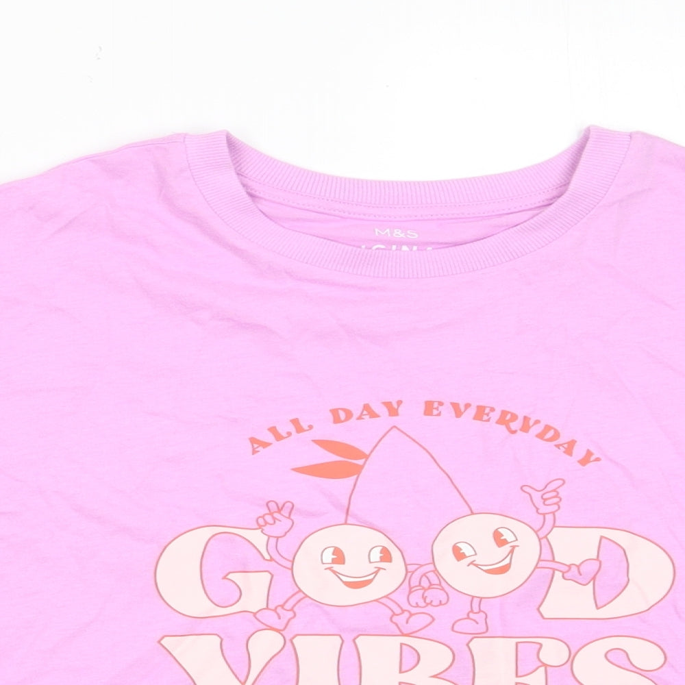 Marks and Spencer Girls Pink Cotton Basic T-Shirt Size 10-11 Years Crew Neck Pullover - Good Vibes