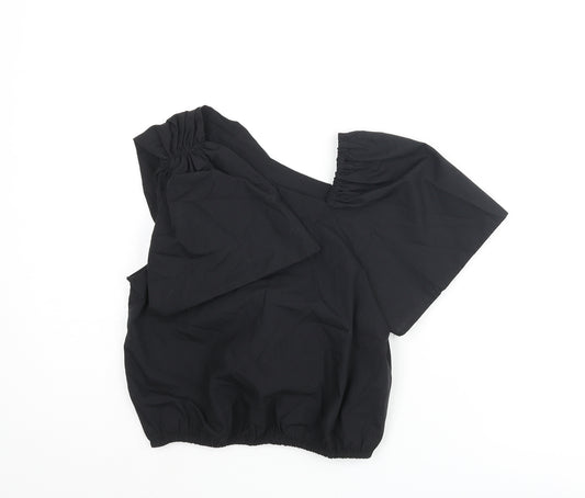 Zara Girls Black Polyester Basic Blouse Size 11-12 Years V-Neck Pullover - Layered Rouched Asummetric Sleeve