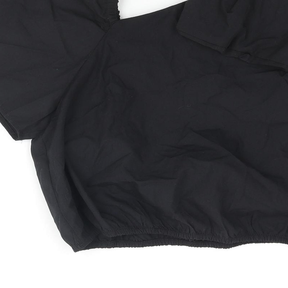 Zara Girls Black Polyester Basic Blouse Size 11-12 Years V-Neck Pullover - Layered Rouched Asummetric Sleeve