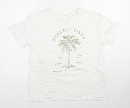 Pull&Bear Mens White Cotton T-Shirt Size M Round Neck - Palm Tree Where Time Is On Hold