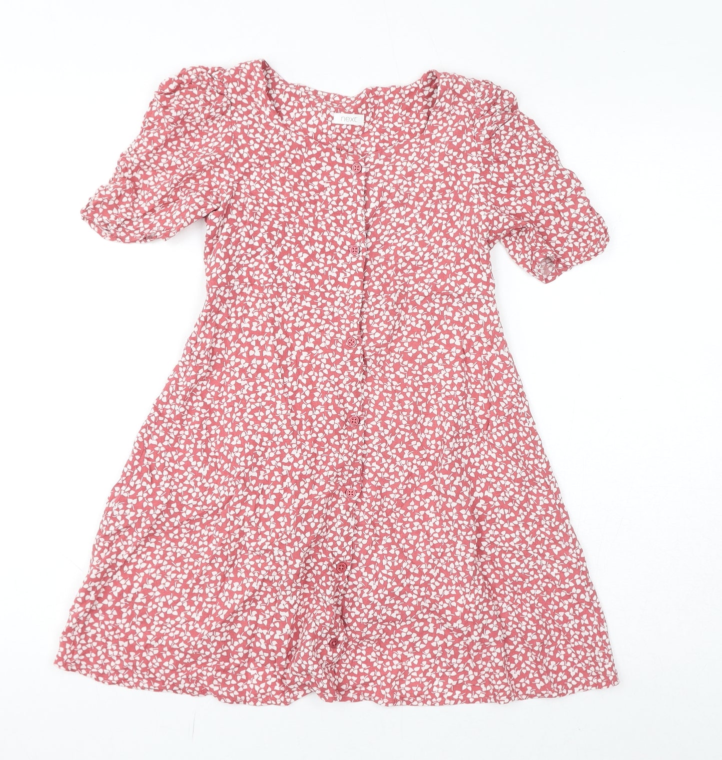 NEXT Girls Red Floral Viscose A-Line Size 9 Years Round Neck Button