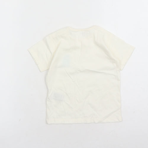 Marks and Spencer Boys Ivory Cotton Basic T-Shirt Size 2-3 Years Crew Neck Snap - Hippo Graphic