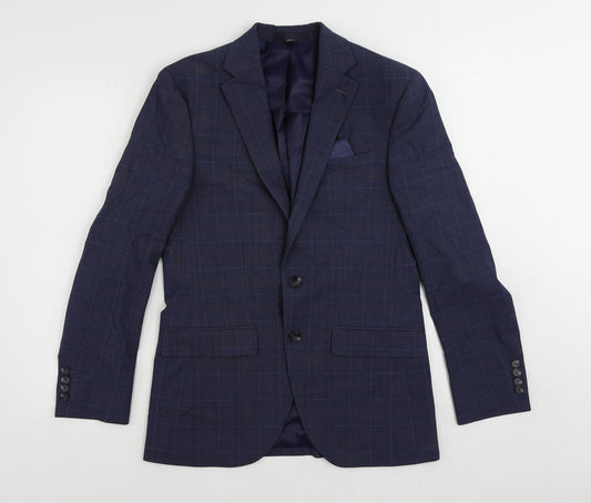 Marks and Spencer Mens Blue Plaid Polyester Jacket Suit Jacket Size 36 Regular